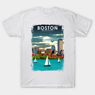 Boston at Night City Skyline Travel Poster T-Shirt